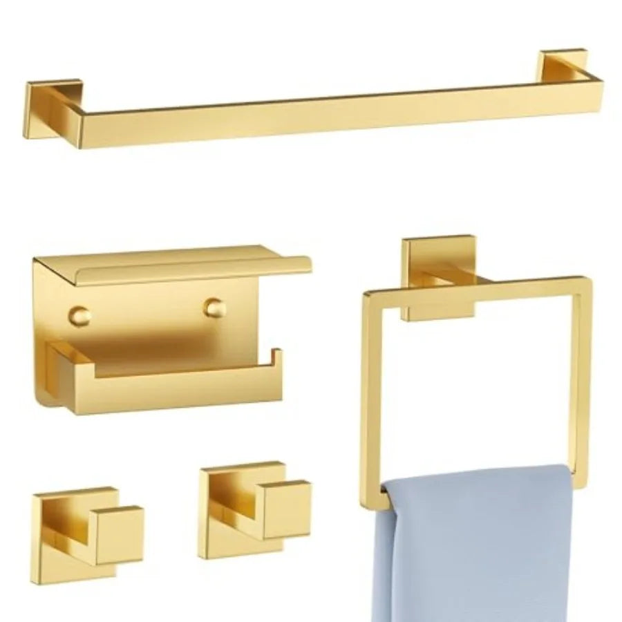 5-Piece Bathroom Hardware Set Brushed Gold Towel Bar Set, Stainless Steel Towel Holder Set for Bathroom, Wall-Mounted Towel Rack