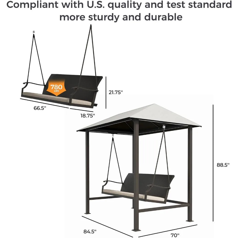 Grand Patio 3-Seat Patio Swing Chair, Outdoor Porch Swing with Canopy, Removable Cushion for Patio Garden Poolside, Beige