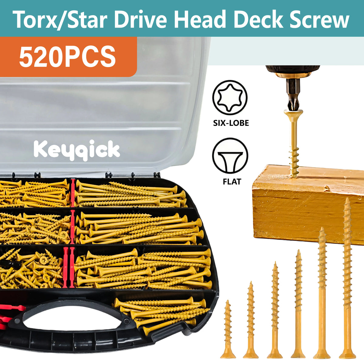 Keyqick 520PCS Rust Proof, Epoxy Coating, #8, #9, #10 Yellow Torx Wood Screws, Yellow Plum Blossom Wood Screws, Rustproof Heavy-Duty Screws with T25 Bit & Toolbox for Outdoor Deck Furniture, Torx/star Drive Head