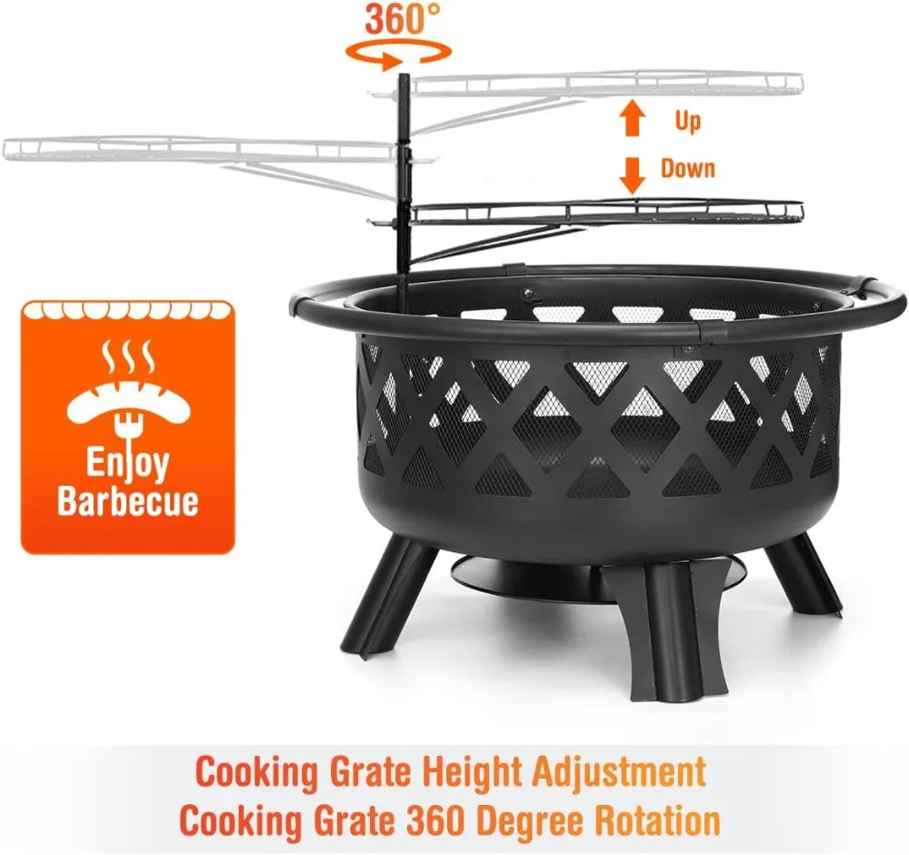 30 Inch Fire Pit with Swivel, BBQ Grill, Wood Burning Steel Firepit, for Patio Garden Camping