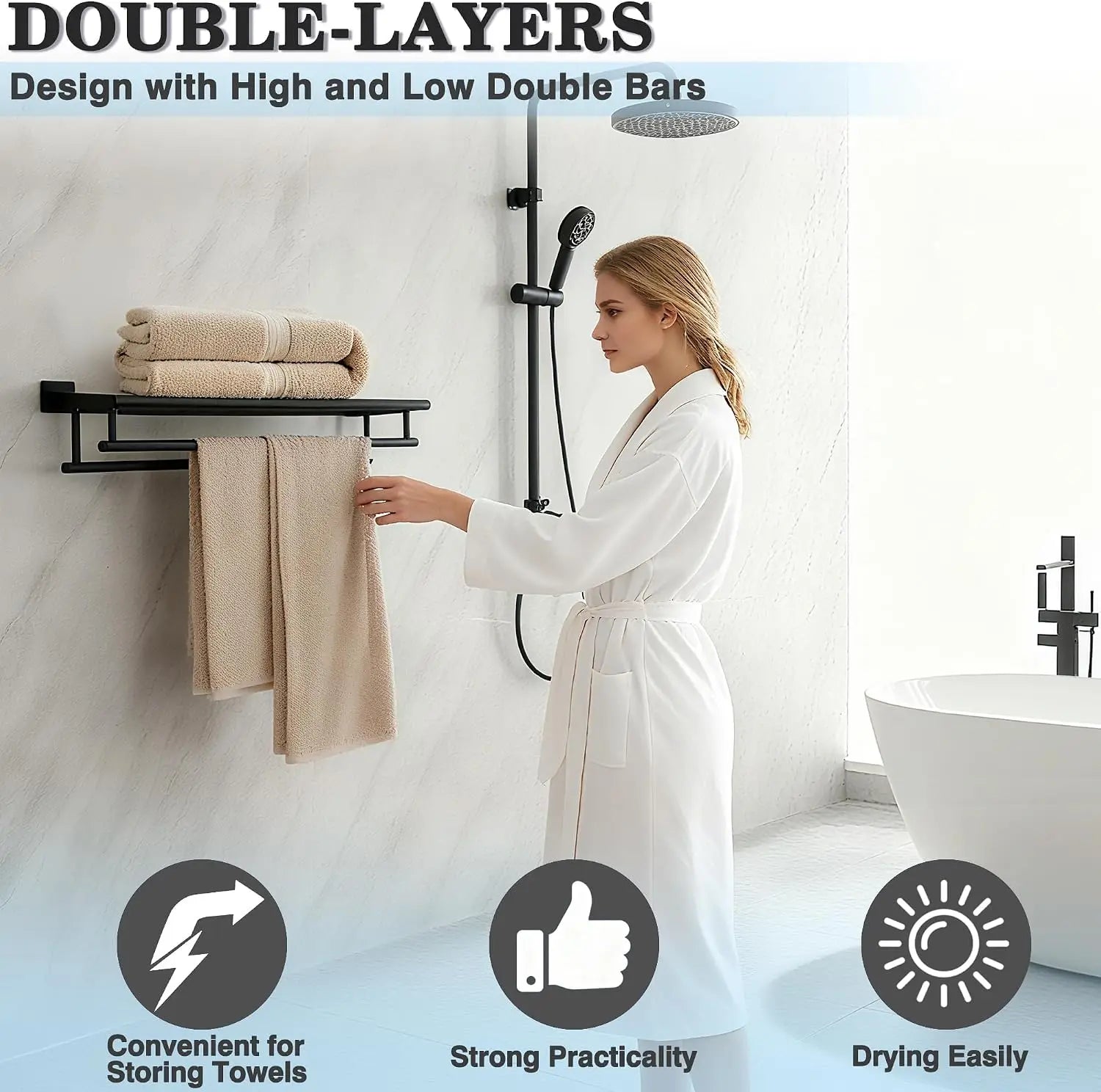 Alise Double Towel Rack for Bathroom Wall Mounted,24 Inch Bathroom Tower Holder Black Towel Rack with Double Towel Bars, Stainless Steel Towel Bar Towel Rack with Shelf, Matte Black