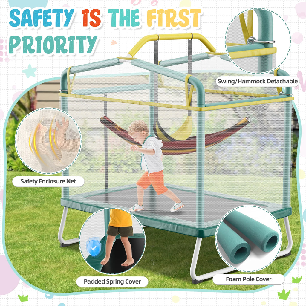 6FT Rectangle Trampoline for Small Spaces, 4-in-1 Kids Trampoline with Swing & Safety Enclosure Net, Ideal for Sensory Play & Indoor/Outdoor Use for Ages 3-8, ASTM Approved