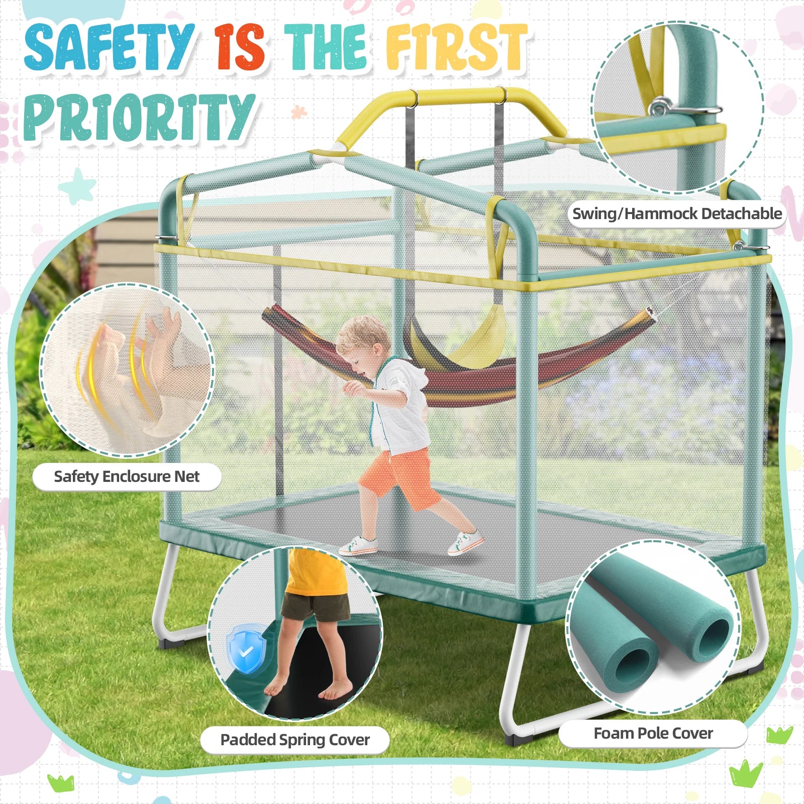 6FT Rectangle Trampoline for Small Spaces, 4-in-1 Kids Trampoline with Swing & Safety Enclosure Net, Ideal for Sensory Play & Indoor/Outdoor Use for Ages 3-8, ASTM Approved