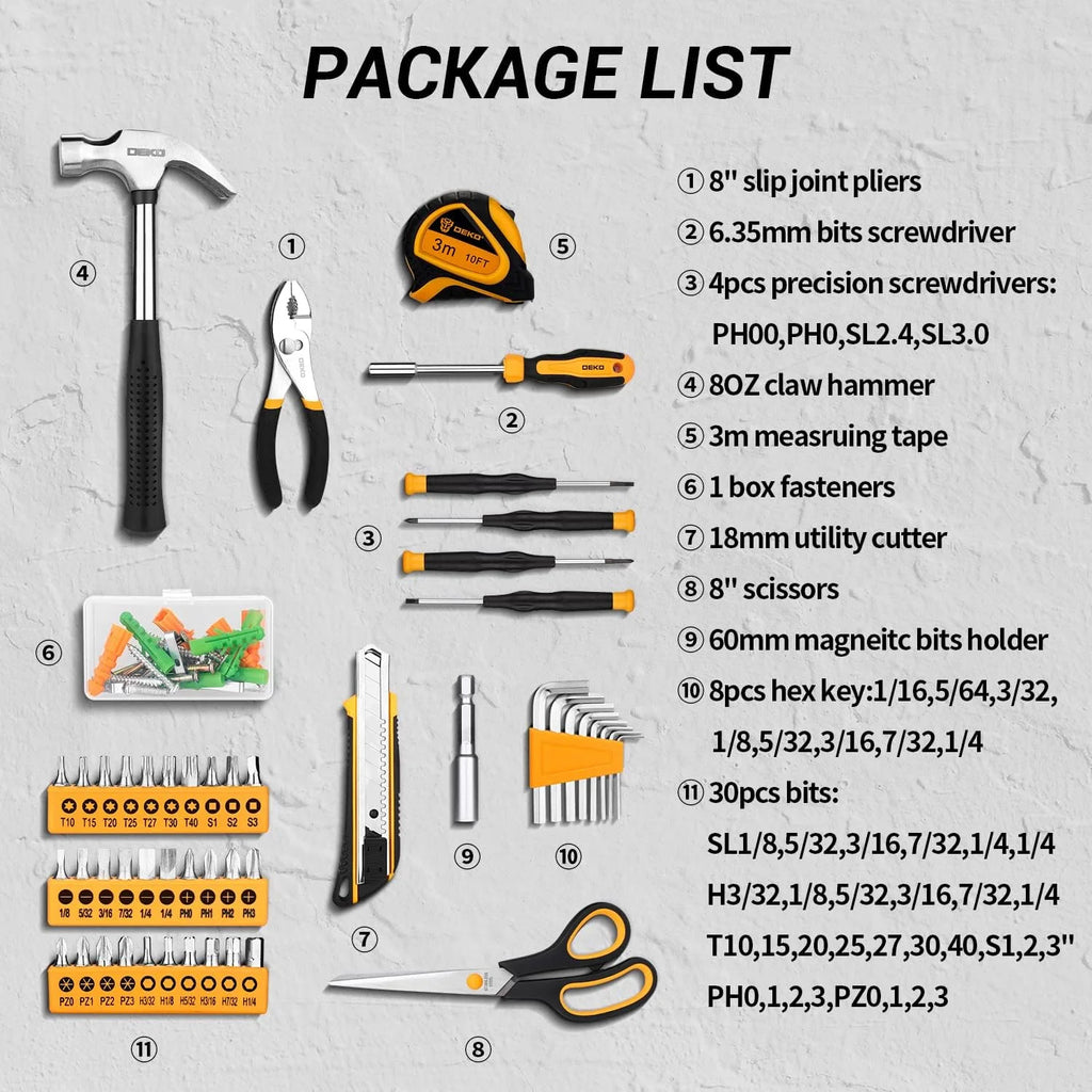 DEKO General Household Hand Tool Kit with Plastic Toolbox Storage Case, All Purpose Home Tool, 50 Piece