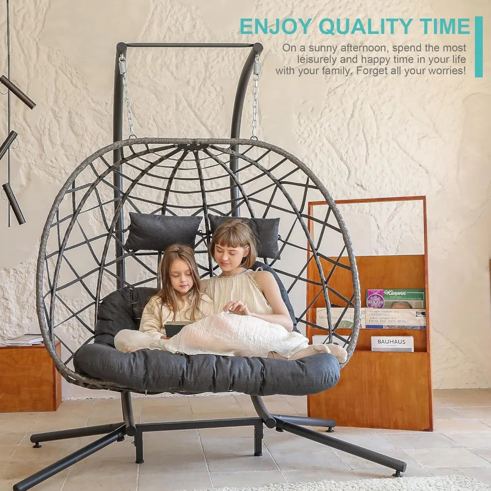 Double Egg Swing Chair with Stand, 2 Person Outdoor Indoor Hammock Hanging with Cushion for Patio Living Room 550 LBS