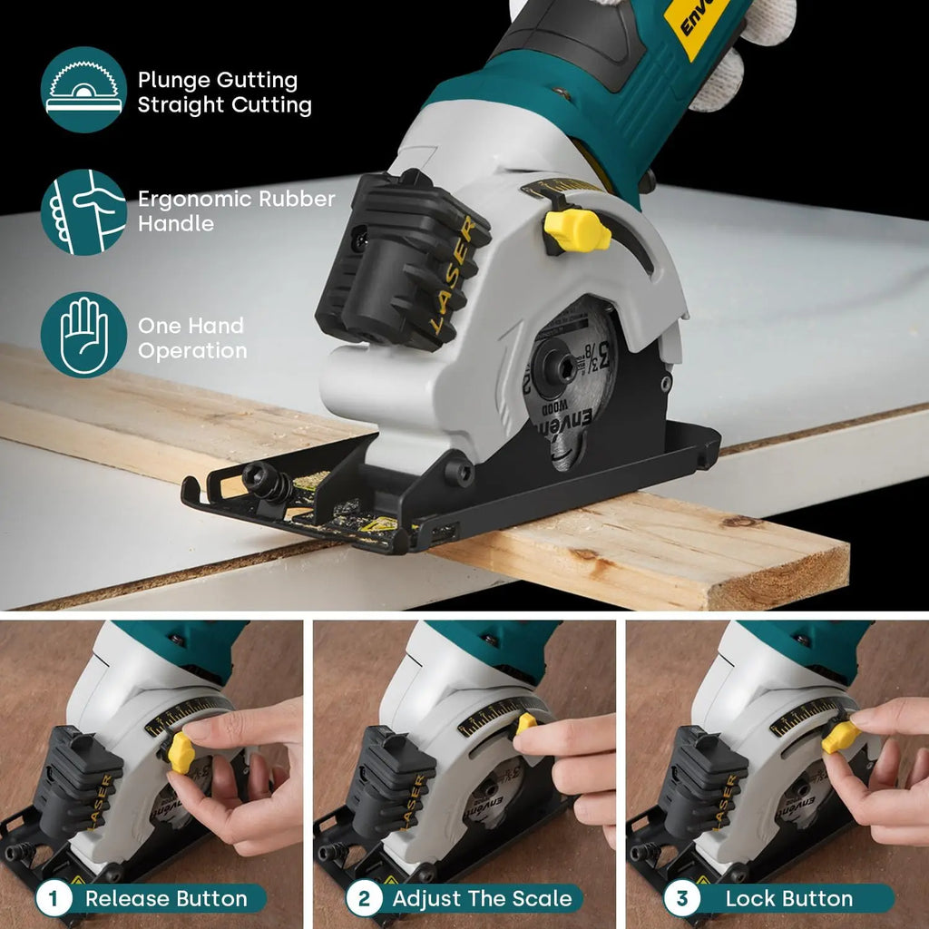 Compact Electric Circular Saw, Laser Guide, 4000RPM, 3 Blades