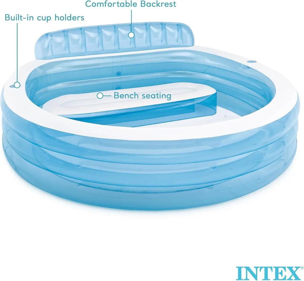 Intex Swim Center Inflatable Family Lounge Pool, 90"x86"x31" Blue, 156 Gallon Capacity Swimming Pool with Built-in Bench Cup Holder, Outdoor