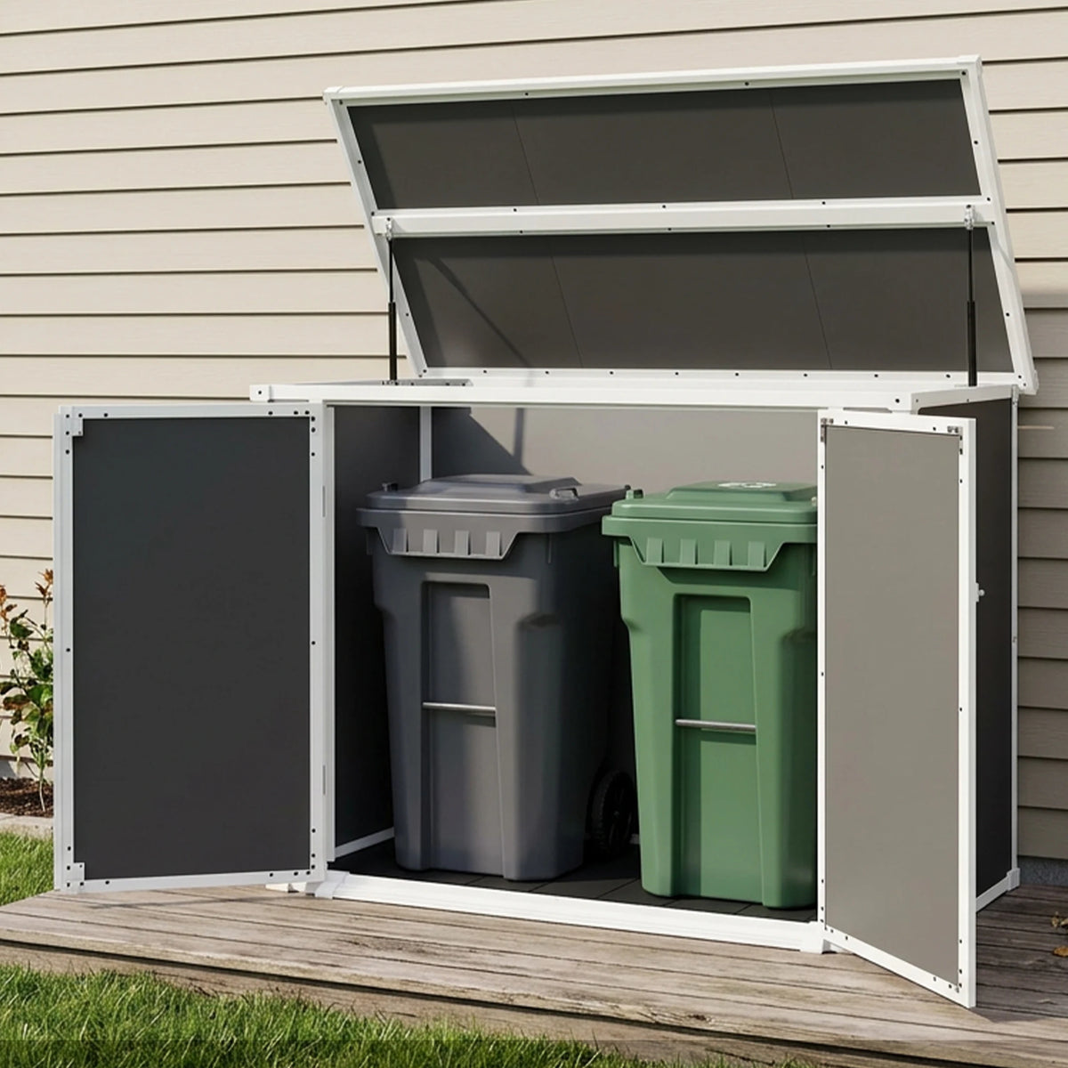 Gihauvia 56×29×44in Gray Resin Outdoor Storage Shed with Lockable Double Doors Waterproof All Weather Utility Cabinet for Garden Tools Trash Cans Backyard Patio