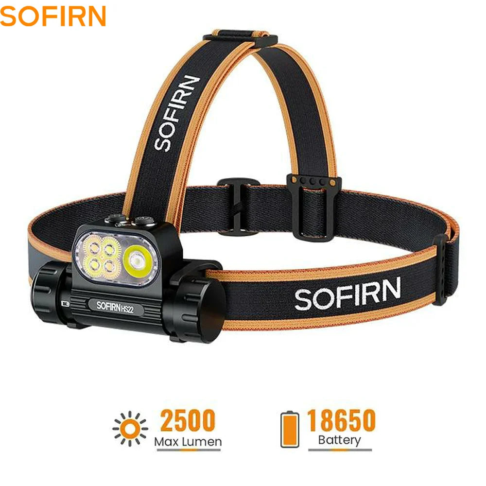 SOFIRN HS22 Headlamp SFT25R 18650 LED Flashlight 2700K-6000K Multi Light Resource USB C Rechargeable Headlight Warm Light