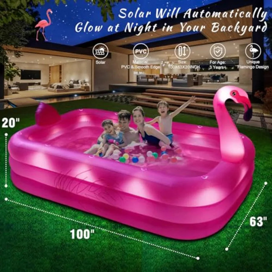 Inflatable Pool with Lights Solar Flamingo Swimming Pool for Backyard Outdoor Use Durable Thickened PVC Bright Pink 100X63X20