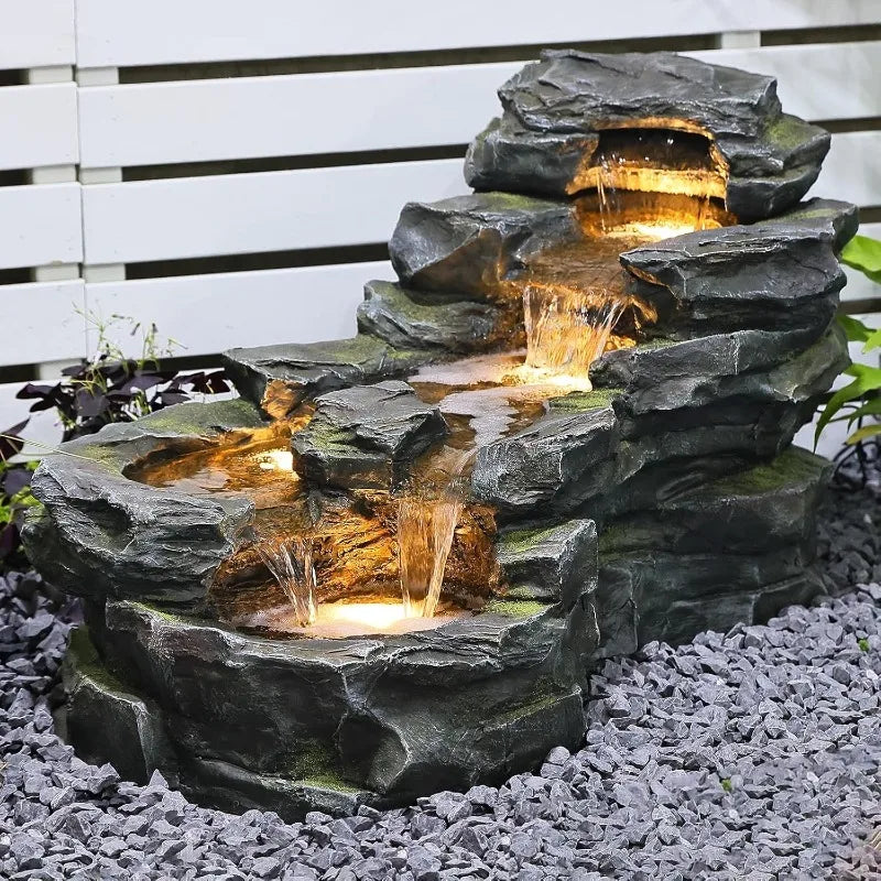 37" L Garden Outdoor Water Fountain, Standing 5-Tiers Waterfall, Natural Rock-Looking Waterfall, Outdoor Fountains with LED Lights for Patio,
