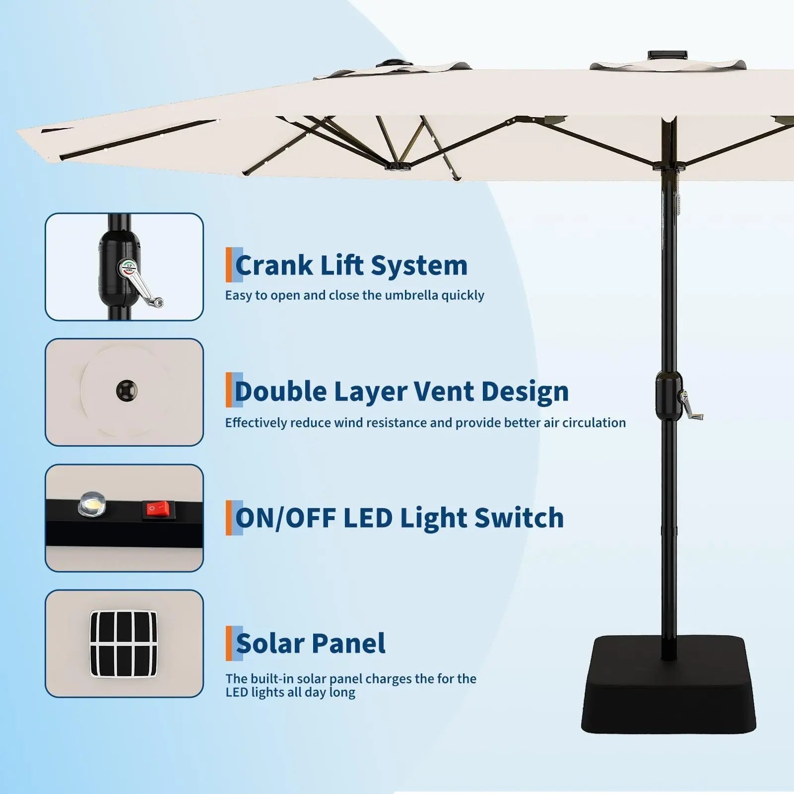 15Ft Outdoor Patio Umbrella, Umbrella With Solar LED Lights & Base, Large Rectangle Sunshade W/Crank Handle, UV Protection For Pool/Lawn