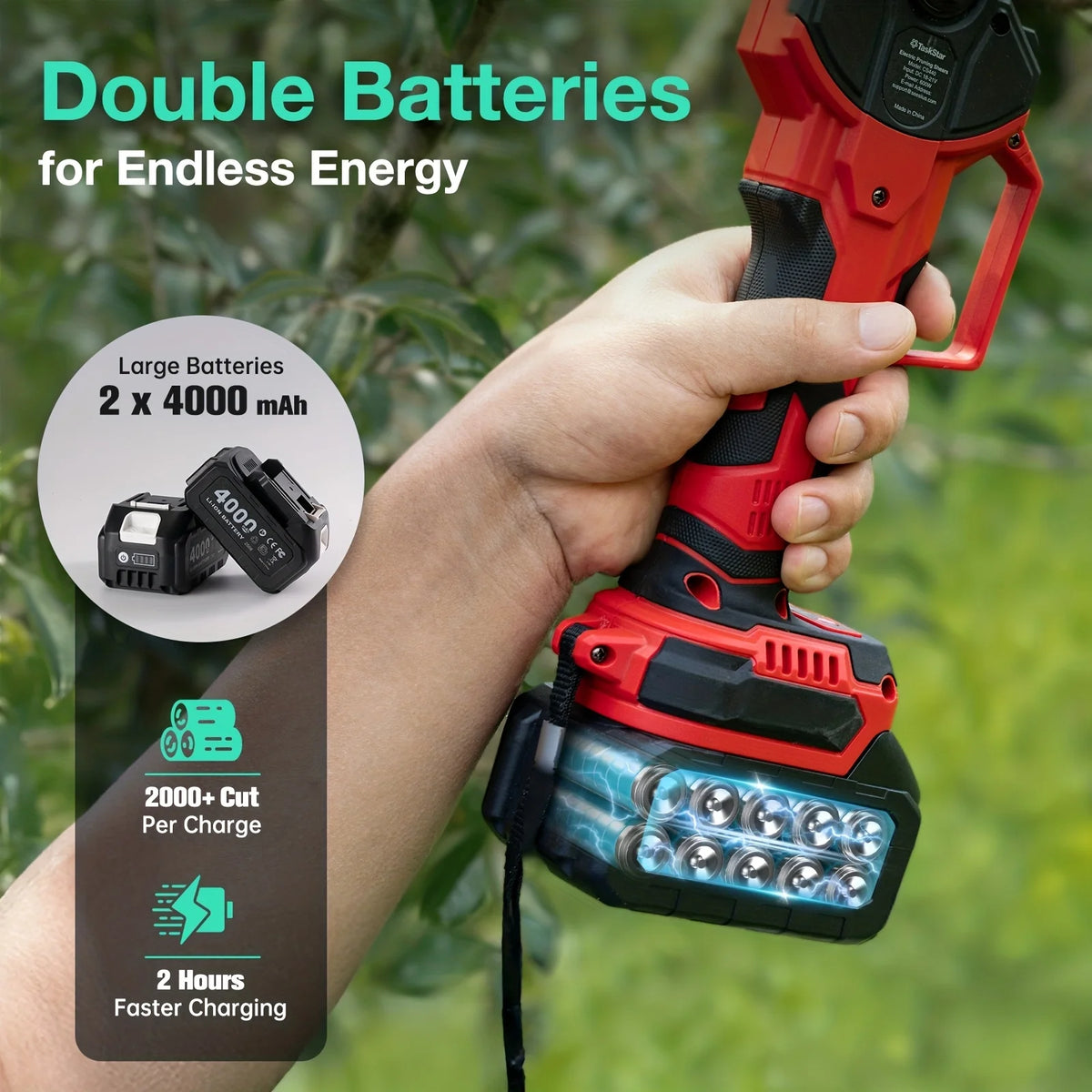 TaskStar Cordless Pruning Shears with SK5 Blade 40MM Electric Shears 3 Adjustable Modes 2 x 2000mAh or 2 x 4000mAh Rechargeable Batteries Powered Trimmer for Cutting Tree Branches