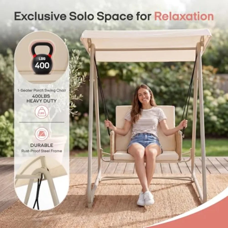 Outdoor Patio Swing Chair with Adjustable Canopy, Heavy-Duty Triangular Frame, Single Seat Garden Hammock Swing for Backyard
