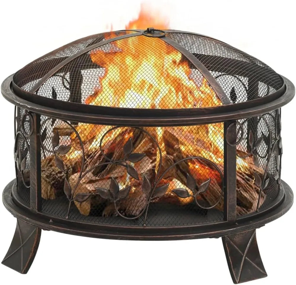 26.6 Inch Steel Firepit, Firepit with Mesh Cover & Poker, Large Rustic Fire Bowl.