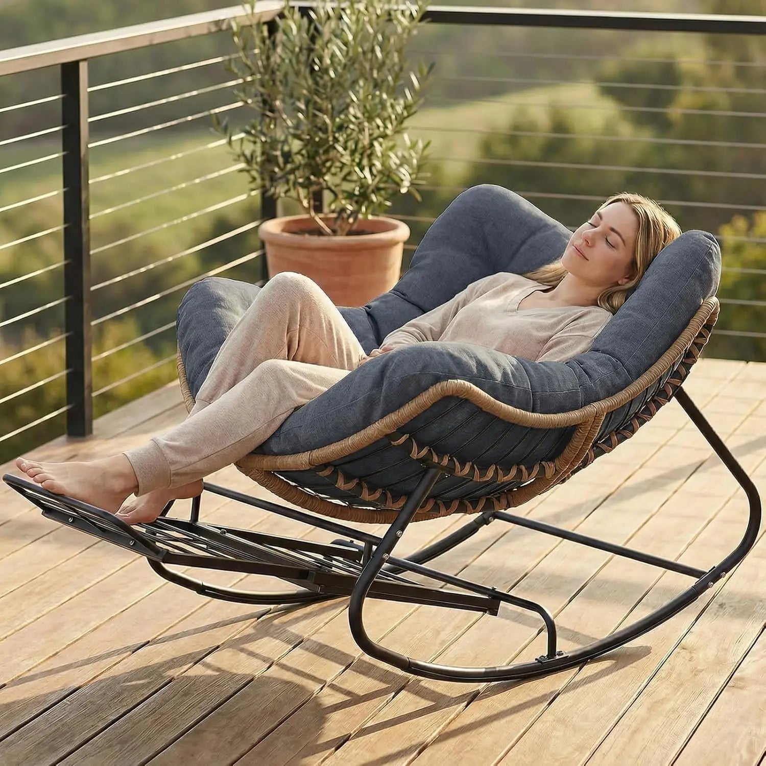 Oversized Rattan Rocking Chair with Footrest Cushioned Lounge for Patio Garden Bedroom Balcony 550Lbs Capacity, Customized