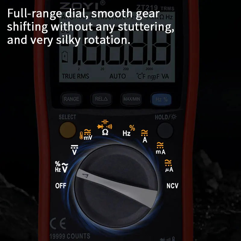 ZOYI Digital Multimeter ZT-219, all-function 4.5-digit true RMS high-precision multimeter with full-range burn-out protection.