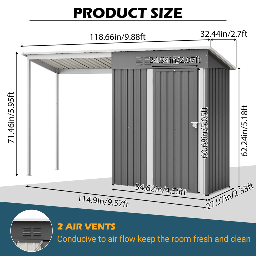Thanaddo 5x3 FT Metal Outdoor Storage Shed with Attached Hardtop Pergola, Lockable Double Door Garden Tool House with 2 Air Vents, Sloped Weatherproof Roof