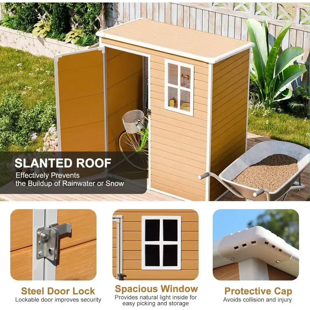 Durable 5x3 Resin Storage Shed with Floor & Windows, Weatherproof Outdoor Kit for Tools and Garden