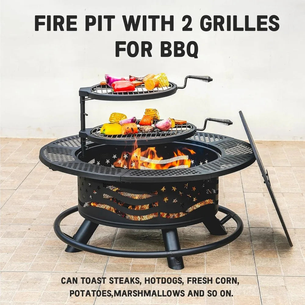 36 Inch Fire Pit with 2 Cooking Grates, Outdoor Wood Burning BBQ Grill Firepit Bowl with Cover Lid, Steel Round Table for Backya