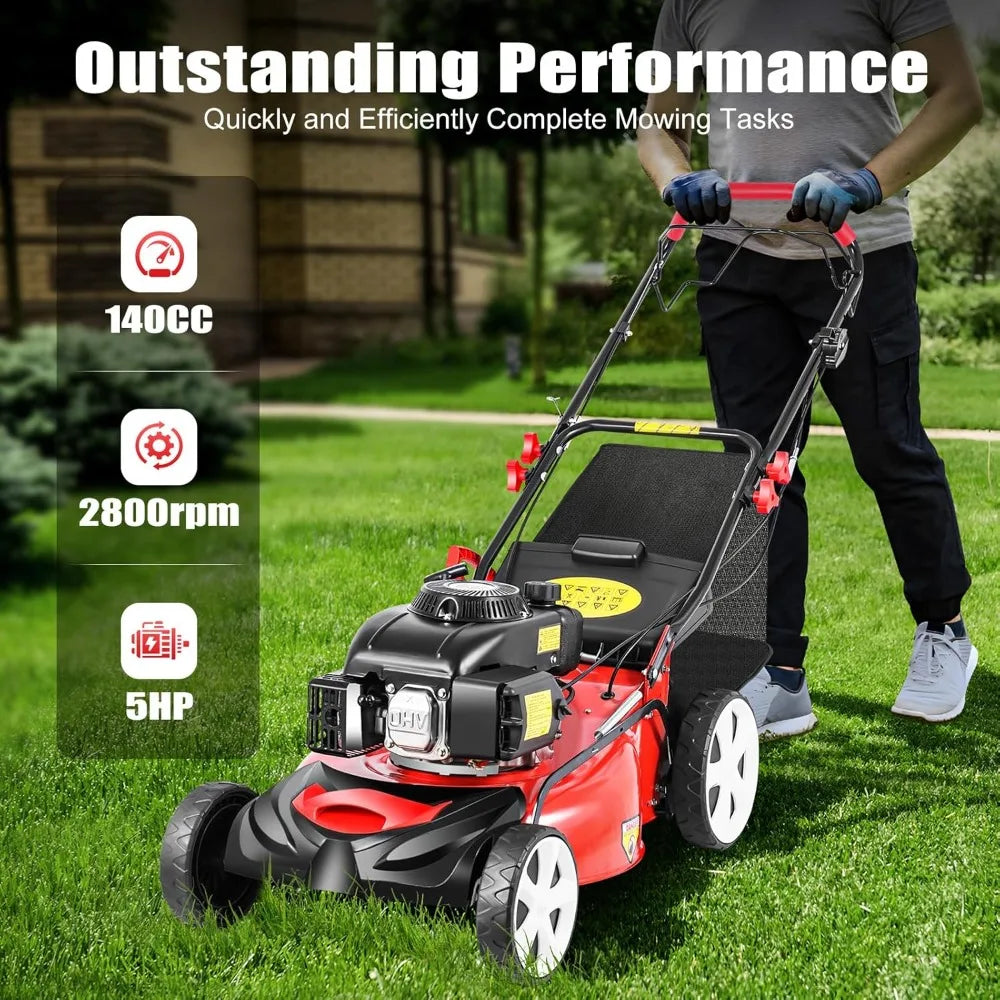 140cc 4-Stroke Self-Propelled Gas Lawn Mower, 20.5in High Wheel RWD, With Bag, Adjustable Height