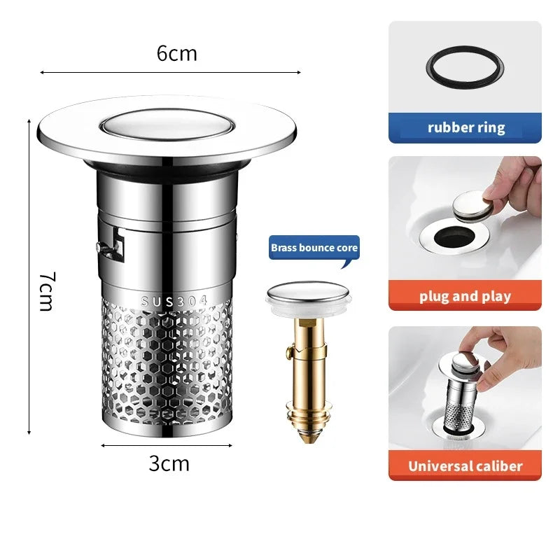 Pop-up sink/Tub stopper, Hair Catcher, Detachable Filter, Stainless Steel