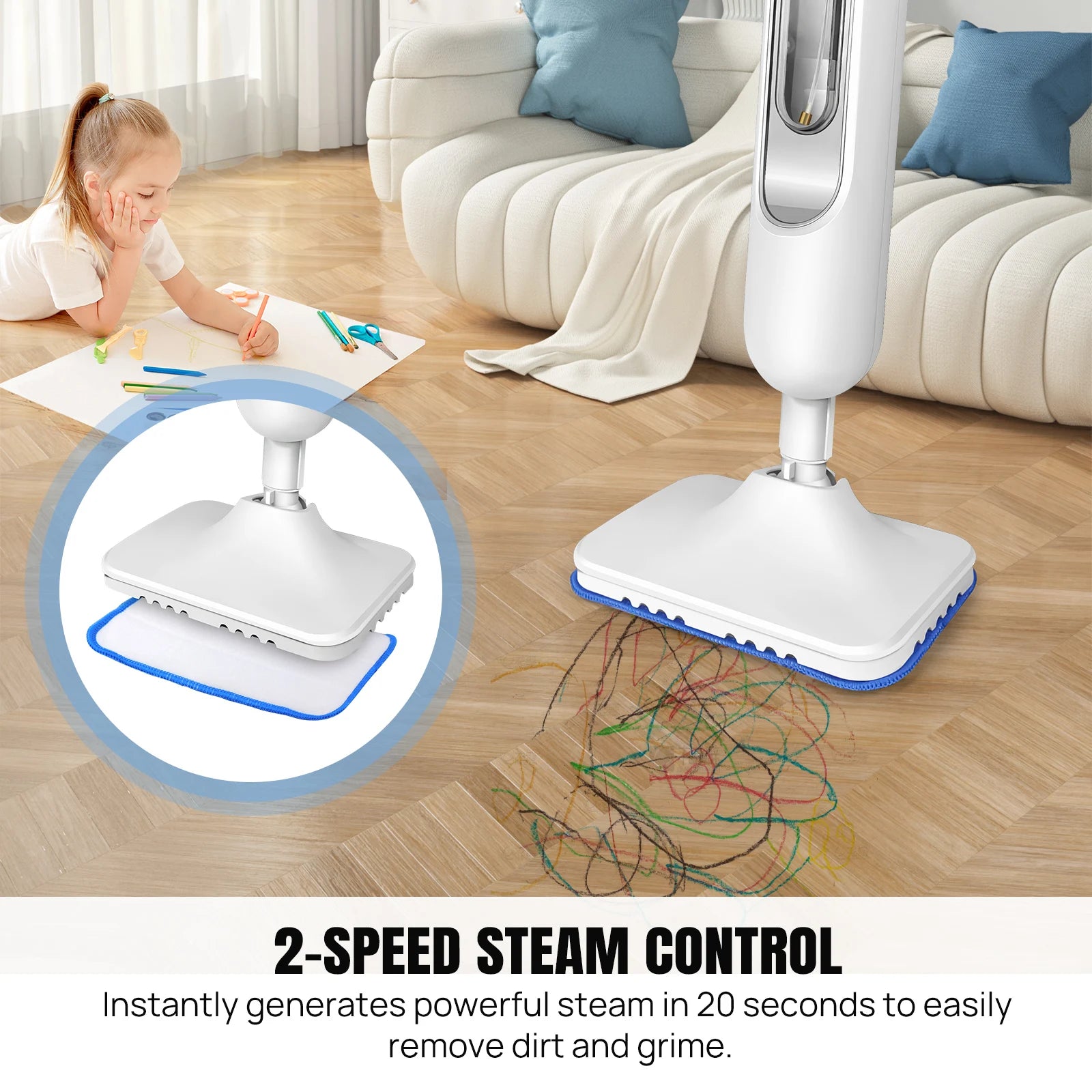 DayPlus Steam Mop 1500W Powerful Floor Steamer for Carpet Laminate Hardwood,2 Washable Pads, 400ml