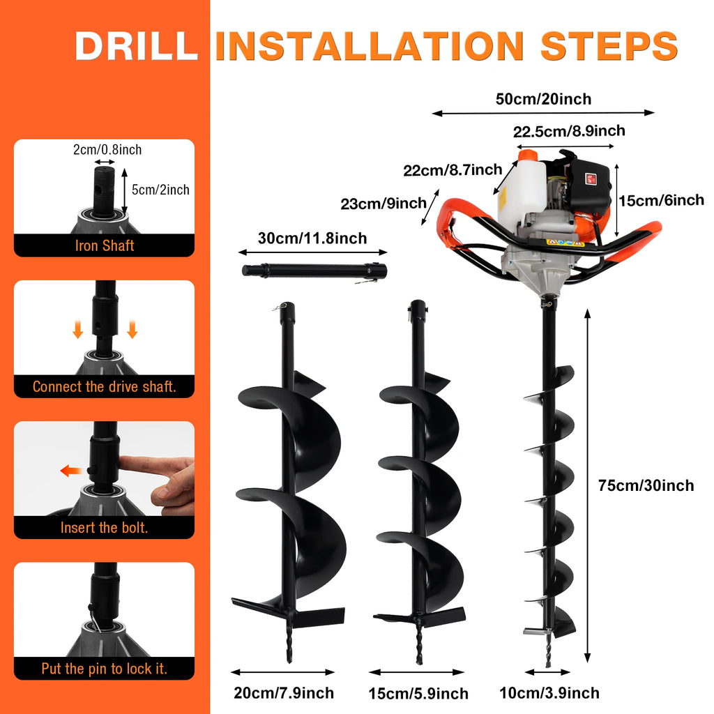 52cc Earth Auger Garden Power Floor Drill 2 Stroke Petrol Post Drill 3 Bits for Fence Post Hole Digger