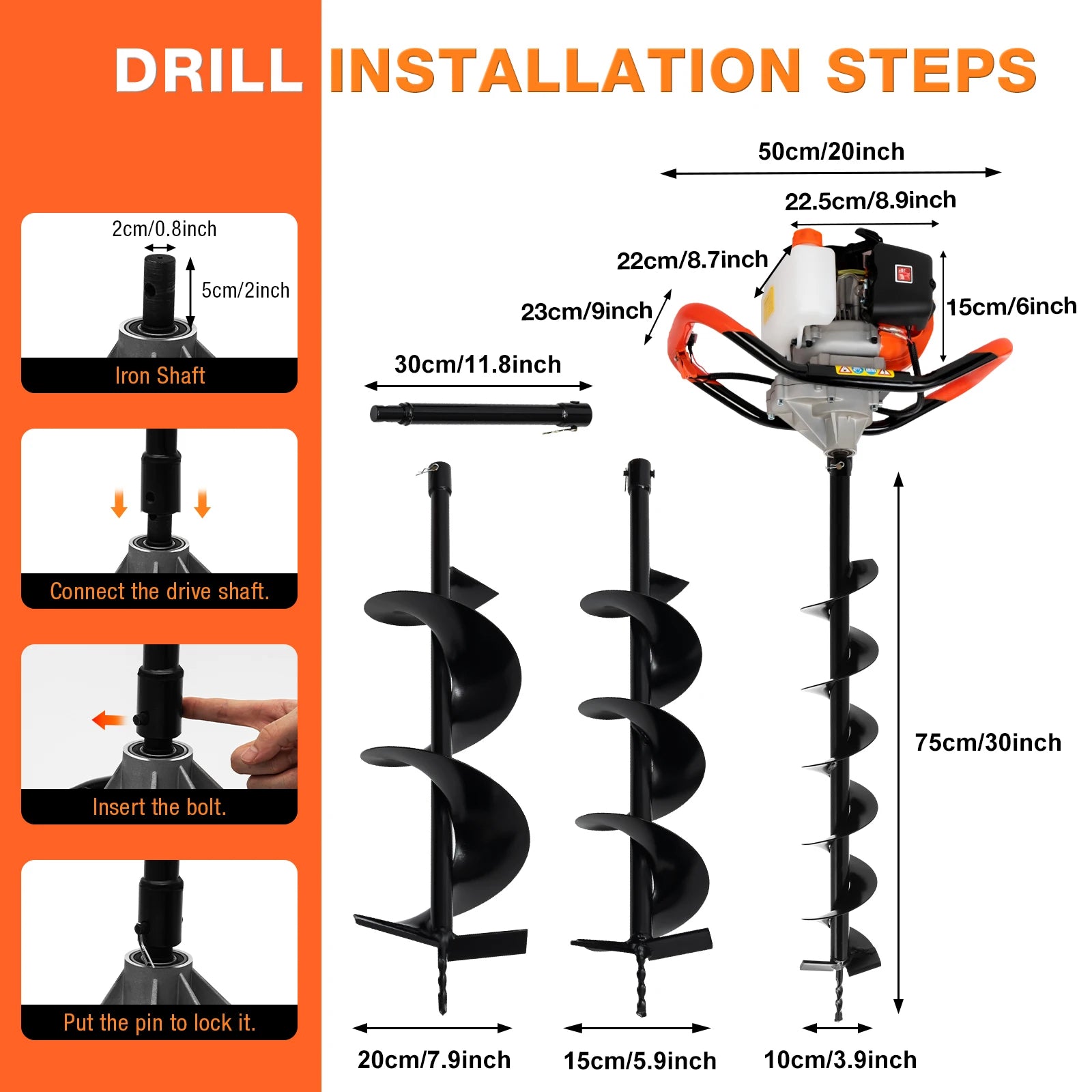 52cc Earth Auger Garden Power Floor Drill 2 Stroke Petrol Post Drill 3 Bits for Fence Post Hole Digger