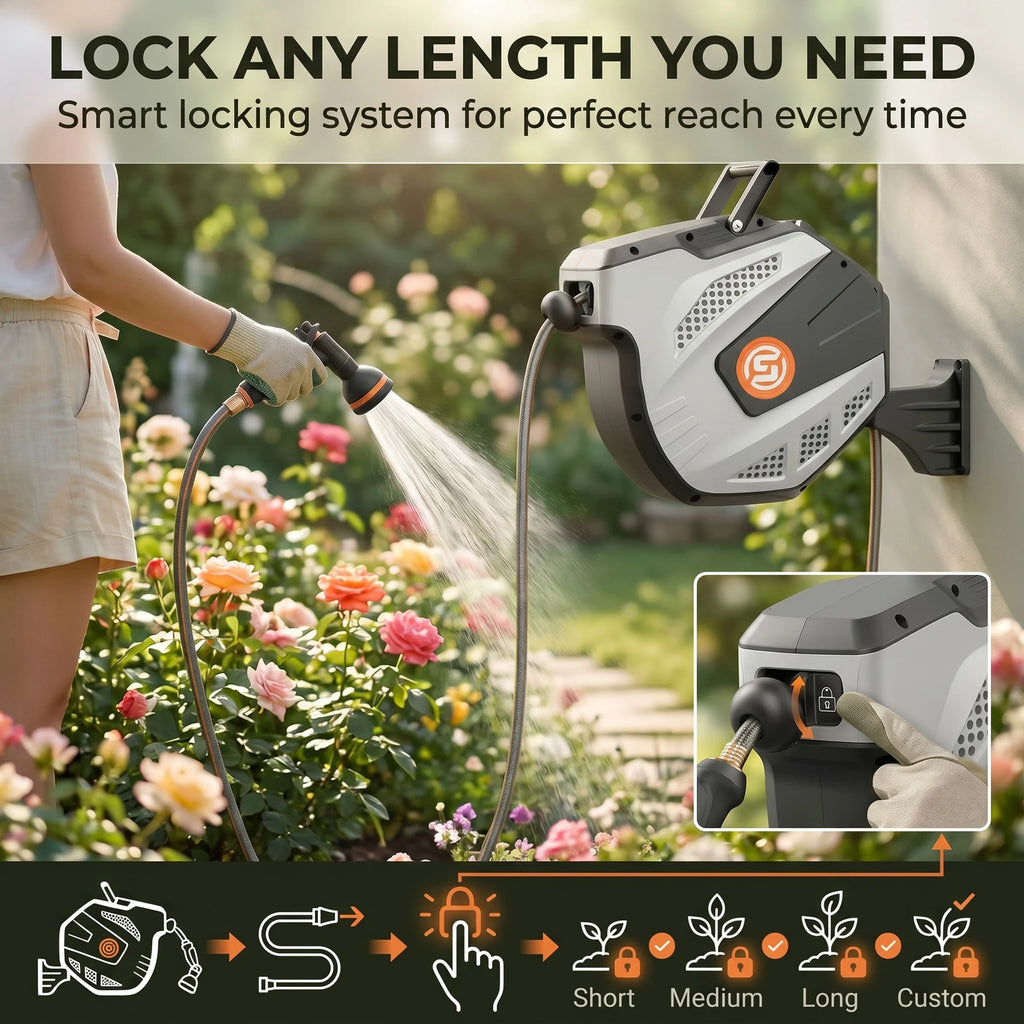 SUNPOW Retractable Wall Mounted Garden Hose Reel, Heavy-Duty 1/2 inch X 50ft, Leak-Proof 3/4 inch Brass Fitting, 10-Pattern Spray Nozzle, Any Length Lock, Auto Rewind, 180° Swivel Bracket for Garden Watering Car Washing, Gre
