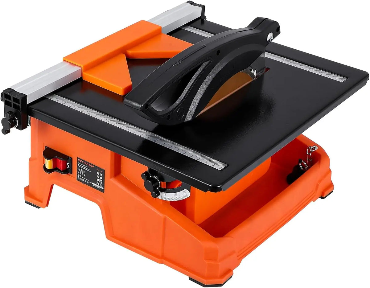 TACKVIEW Wet Tile Saw, 6500 RPM Copper Motor Tile Cutter, 0-45° Bevel Cutting, Built-In Water Tray with Rip Fence, Miter Gauge for Ceramic Stone Tile