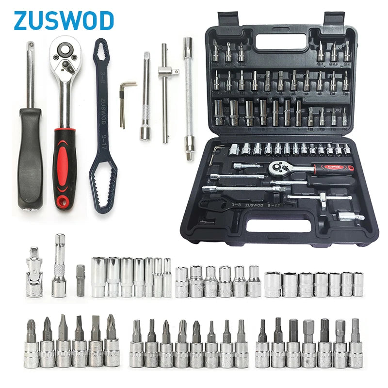 Zuswod Household ratchet wrench socket tool set, car/bicycle repair machinery tool kit, 1/4 "drive depth and standard socket, professional racing grade car parts repair quick ratchet wrench and other car repair parts tool kit