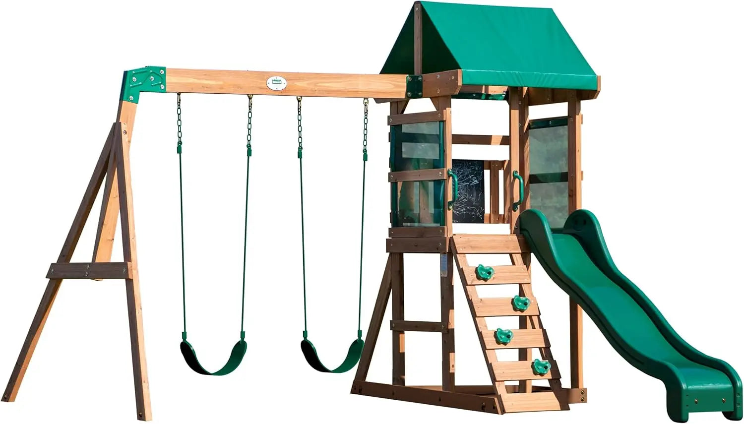 Buckley Hill Cedar Wood Swing Set with Wave Slide, Play Deck, Rock Wall Ladder, Belt Swings, Chalkboard, Canopy Roof, Outdoor Play Center.