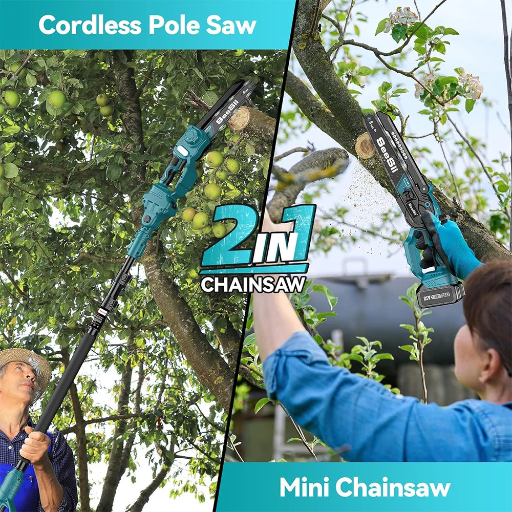 Polesaw High Branch Saw, Cordless 8'' Chainsaw, 3M Extension Pole. 2 x 21 Volt Batteries & Charger