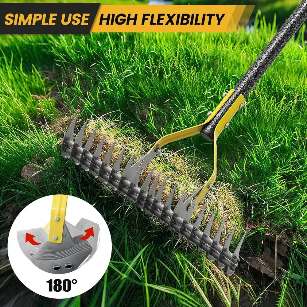 Heavy-Duty 5.5T Metal Leaf Rake with Adjustable Long Handle, 19-Tine, 15 Wide for Lawn and Garden Maintenance