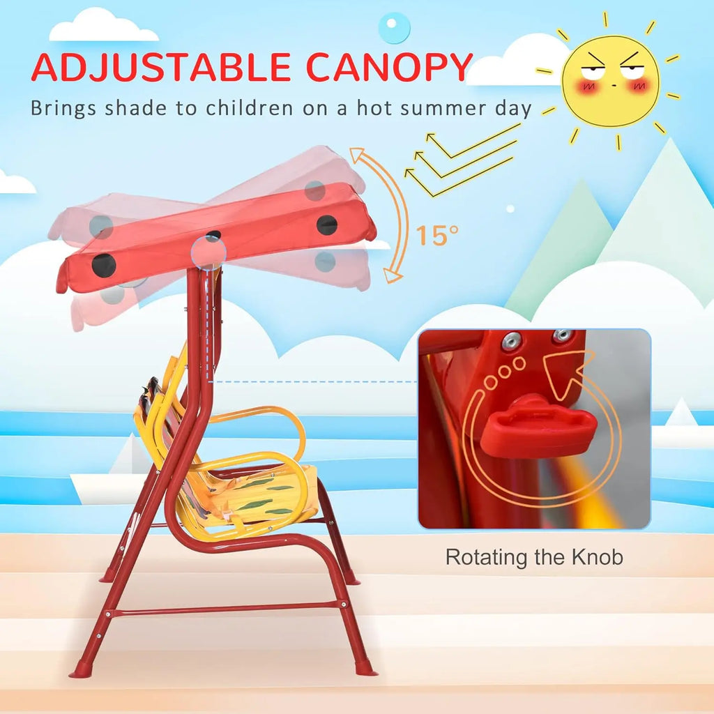 Porch Swing for Kids with Adjustable Canopy to Block Sun at Angles, Kids Swing Chair with Seatbelts, Red Ladybugs And Yellow