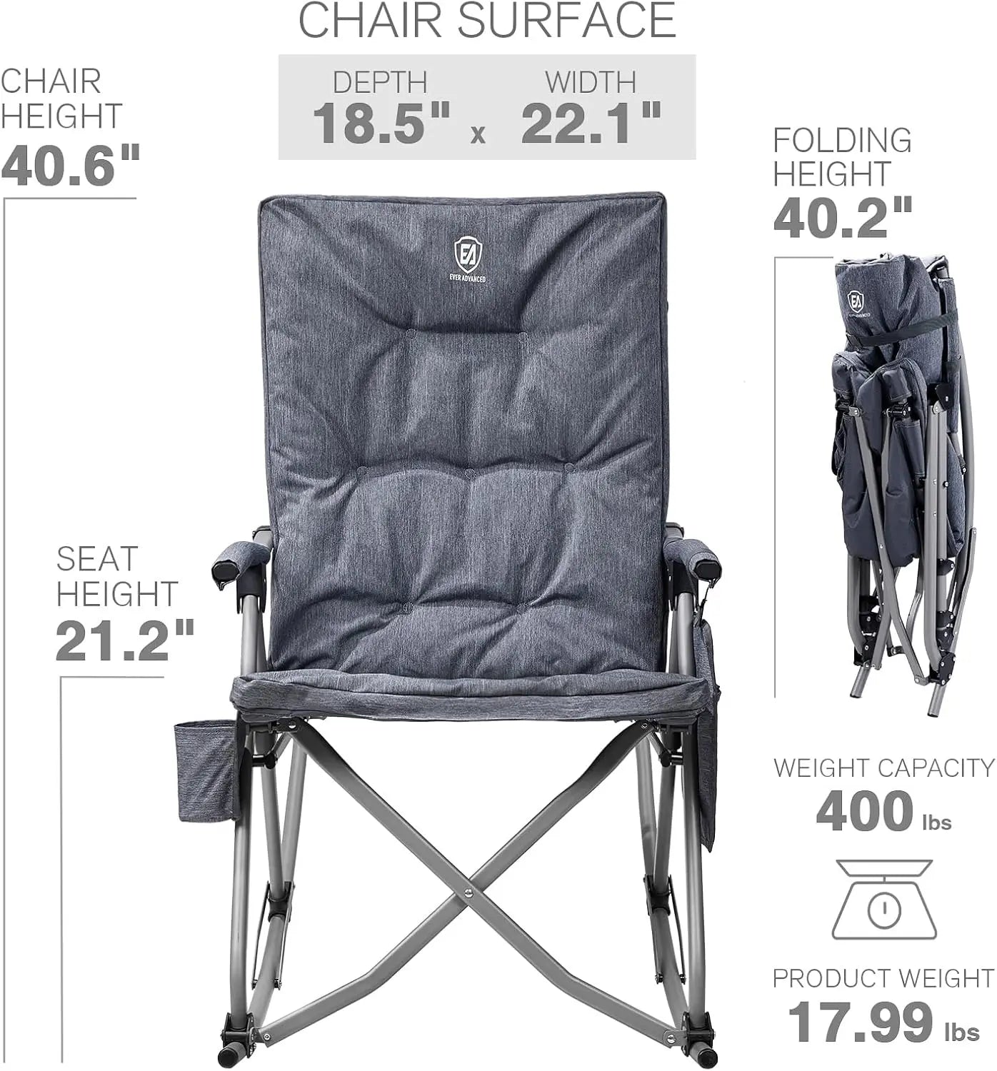 Oversized Folding Rocking Camping Chair, Padded Portable Rocker Chair for Patio, Lawn and Outdoors, Heavy Duty Hard Armchair