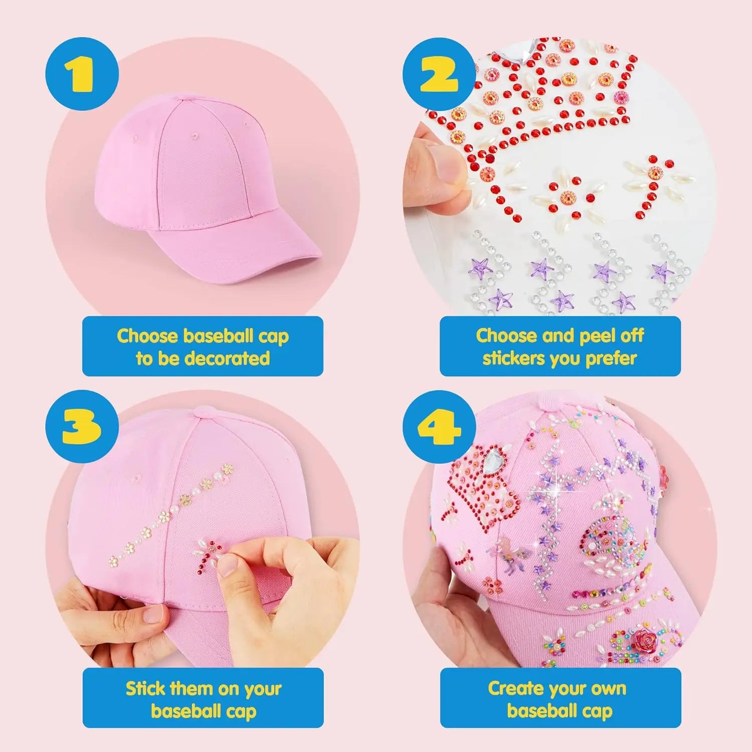 JOYFY Decorate Your Own Baseball Cap with 7 Sheets Gems Stickers, Art & Crafts Fun, Creative DIY Toys for Kids Girls