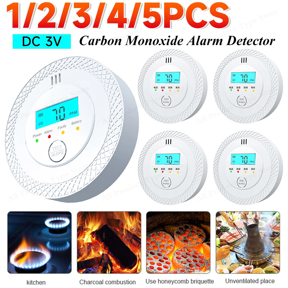 1-5PCS Carbon Monoxide Alarm Detector 85dB High Sensitive CO Alarm Sensor with LCD Display for Home Office Safety Protection ﻿