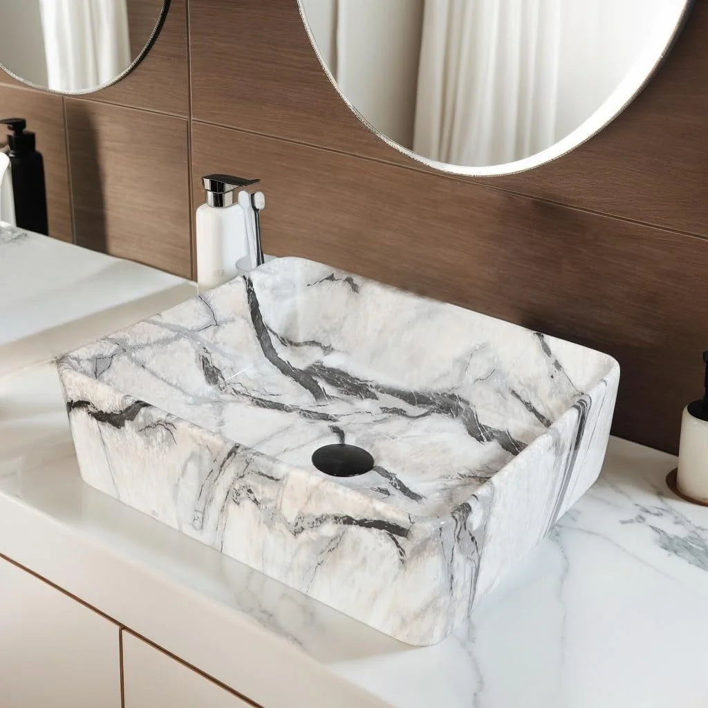 ZAPPO Artistic Marble Pattern Ceramic Sink Set, Black Matte Faucet Combo, Modern Bathroom Above-Counter Basin.