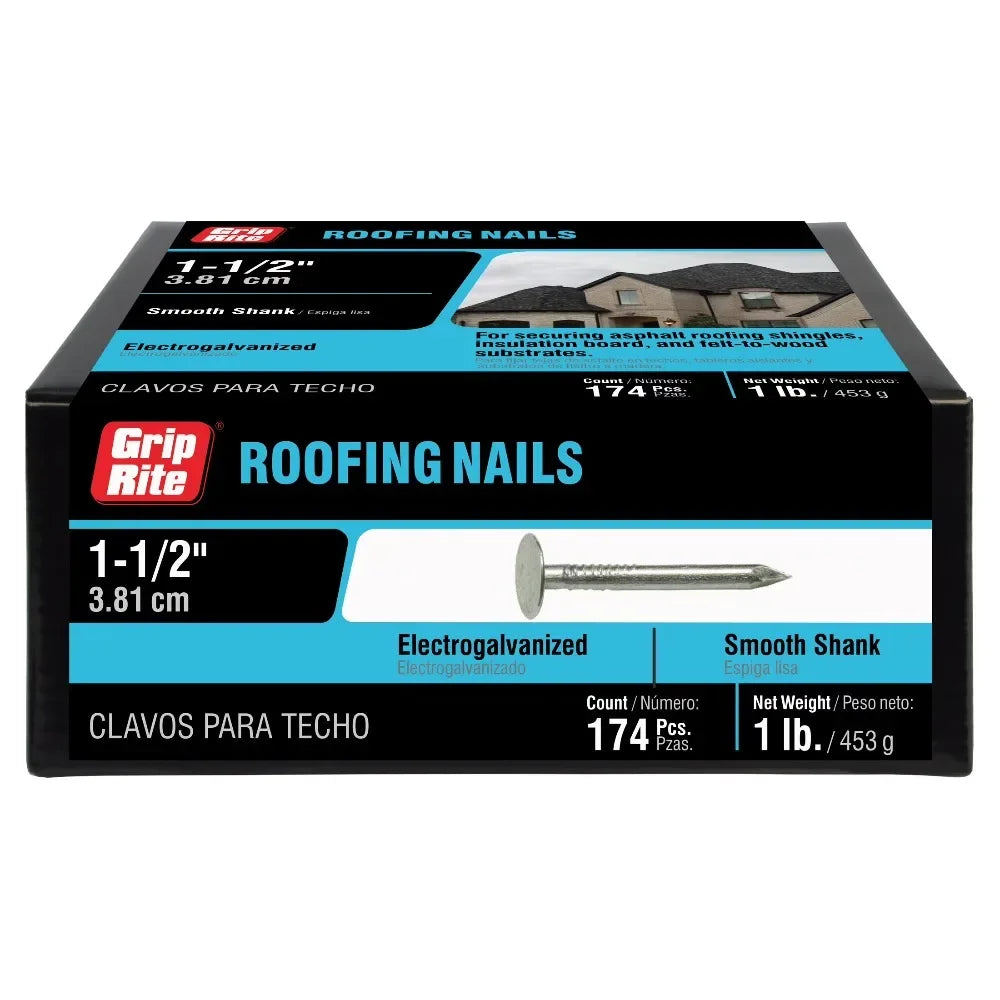 Grip Rite Electro Galvanized Roofing Nails 1Lb Pack of 11 x 1-1/2 Inch Corrosion Resistant Construction Nails for Shingle Metal Roof DIY Building Hardware