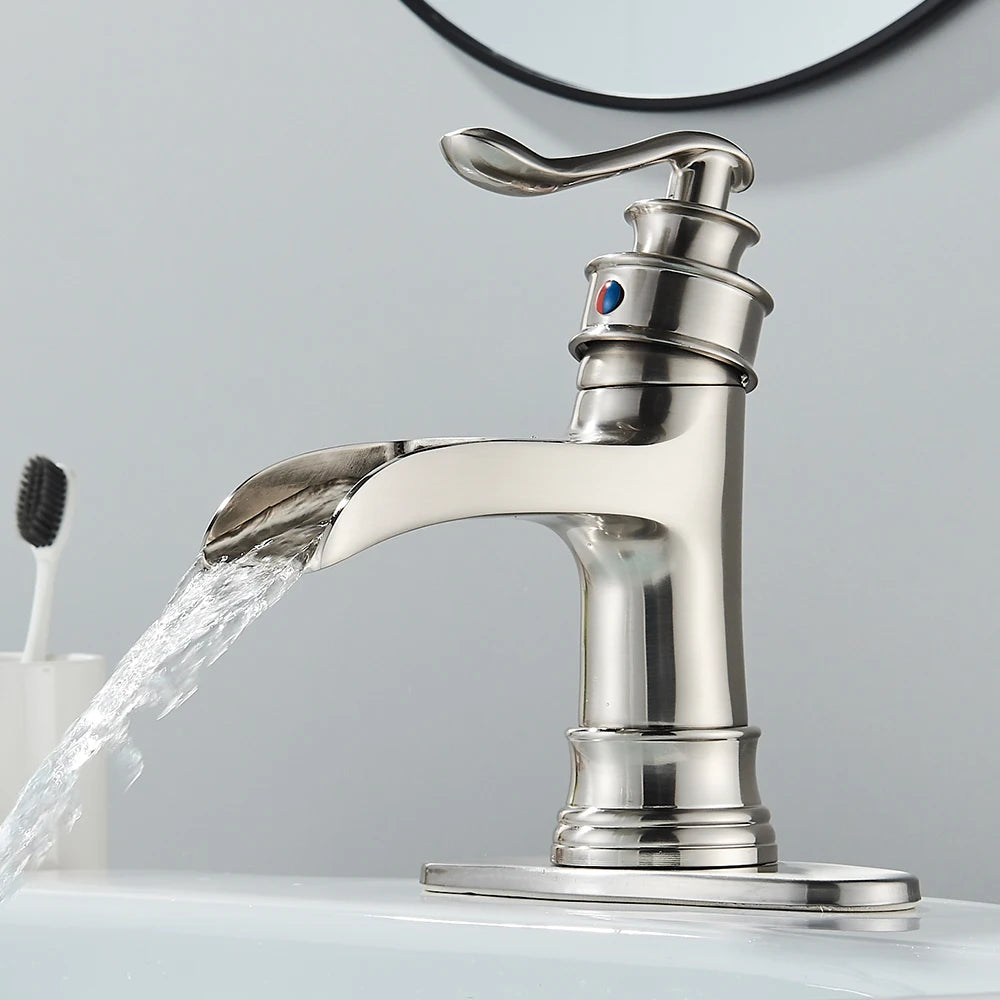 Waterfall Bathroom Sink Faucet, Single Handle, Brushed Nickle, Includes Stopper