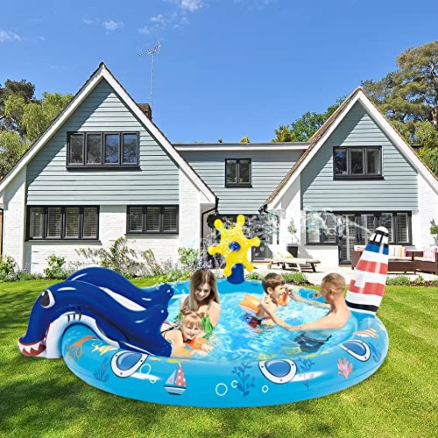 Kiddie Pool with Slide Inflatable Play Center Wading Lounge Pool, Marine Life Sprinkler, 60" x 25" Water Game Play Center for Kids