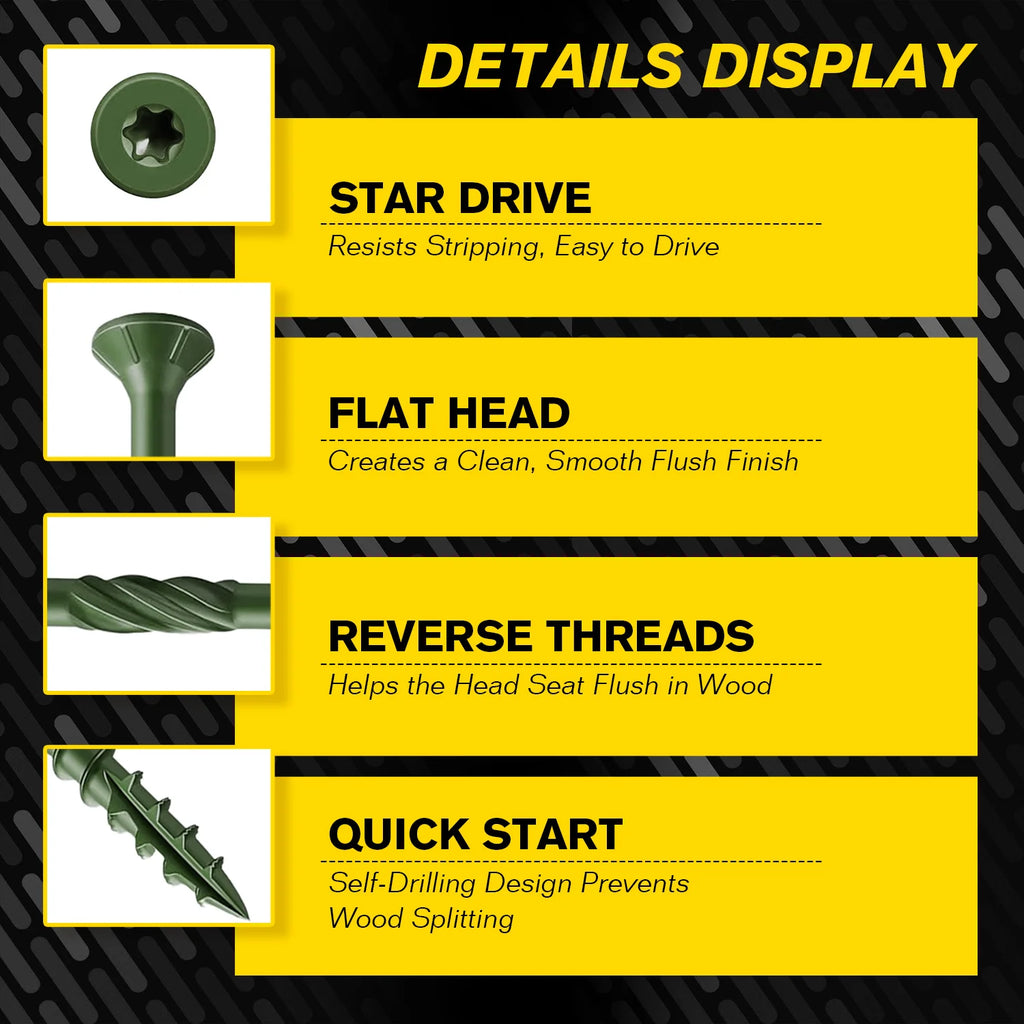 VKKM 150Pcs #8x2" Green Wood Screws Kit, T25 Star Drive Self-Tapping with 50mm Free Bit, All-Climate Anti-Rust – Great for Indoor & Outdoor Projects (Shelves, Framing, Repairs)