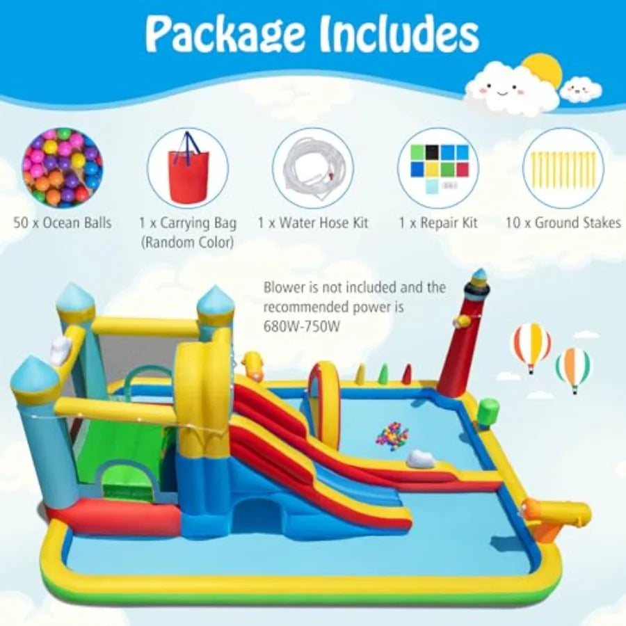 YAO HUI HUANG Outdoor inflatable water slide combo for kids: PVC material blue and yellow mega splash pool + long wet slide + bouncy castle d