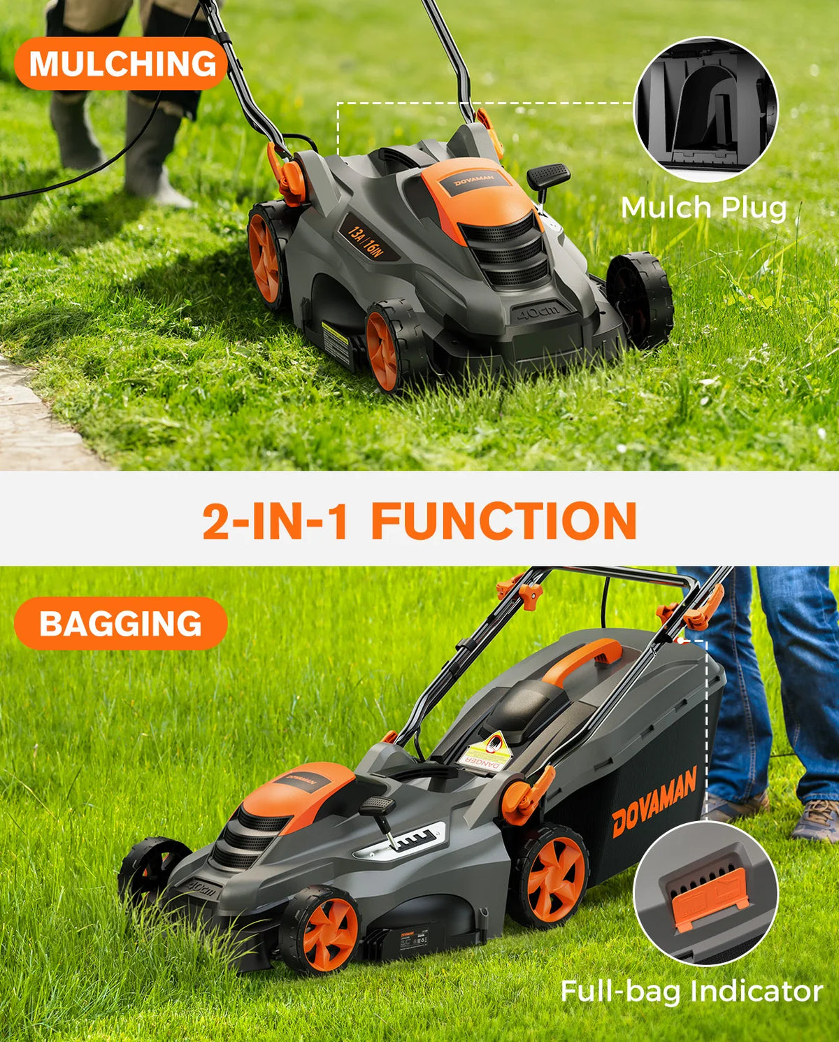 DOVAMAN 13Amp Corded Lawn Mower, 16" Steel Blade, 98% Grass Collection, Single-Lever Height Adjust, 2-in-1 Mulching & Bagging