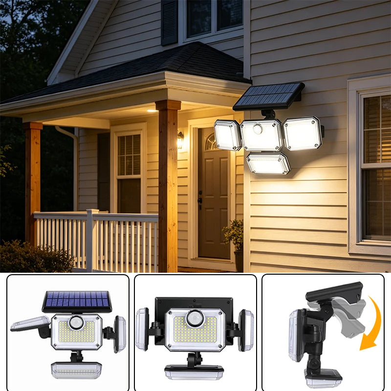 5000LM Outdoor Motion Sensor Lamp 333 LED IP65 Waterproof 4-Head Solar Power Light  Flood Lights 270° Lighting Range Outdoor Indoor Solar Garden Lamp With Adjustable Head Wide Lighting
