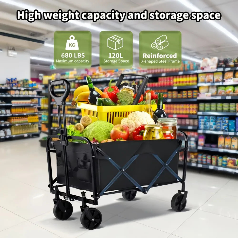 High-Capacity Heavy-Duty All-Terrain Folding Cart - Stainless Steel Frame and Foldable Multi-Purpose Wagon,