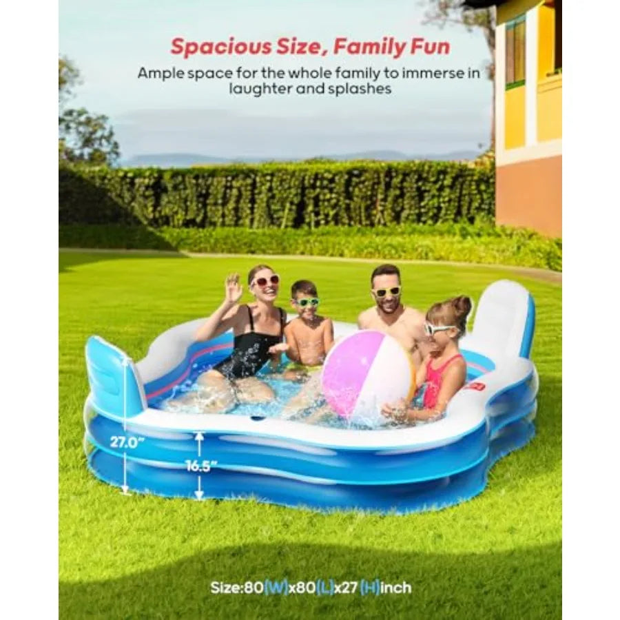 OPAU Inflatable Swimming Pool with 2 Seats and Backrests, 80" L x 80" W x 27" D Large Full-Sized Family Pools for Kids and Adults