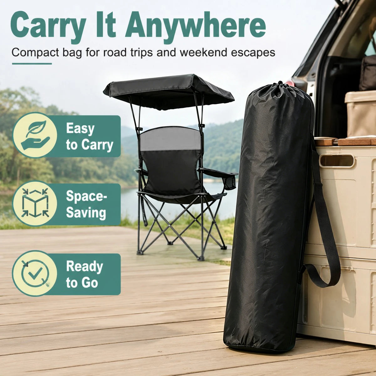 Black Portable Beach Chair with Cup Holder & Side Pocket, Duty Lawn Chair with Carry Bag for Camping, Beach, Fishing, Patio, Hiking, YOUNG WOOD Outdoor Folding Camping Chair with Adjustable Canopy